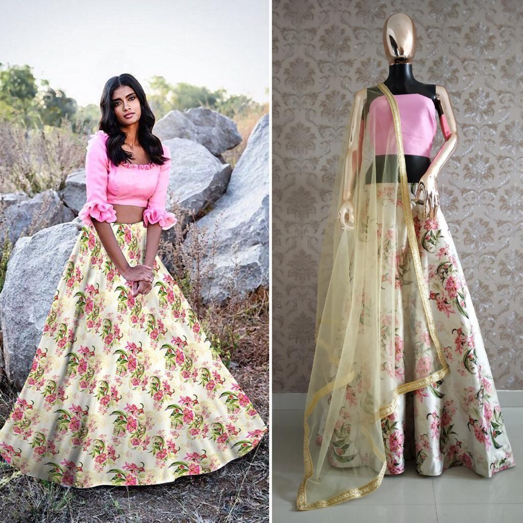 Indo western - spring floral digital satin Lehenga