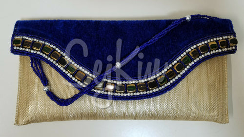 Blue velvet bead work clutch
