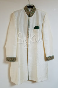 White with green collar Sherwani
