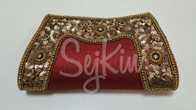 Red raw silk antique gold sequined clutch