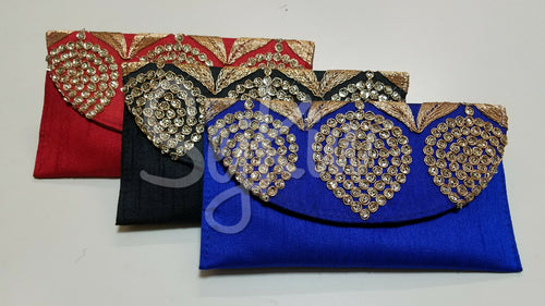 Raw silk motif clutches