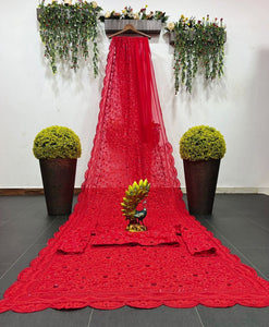 Red rangeela chain stitch saree