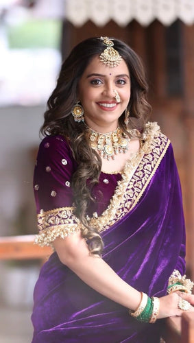 Deep purple velvet saree