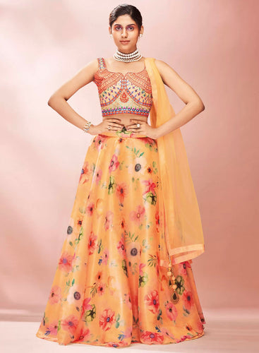 Digital floral lehengas - peachy and mustard yellow floral