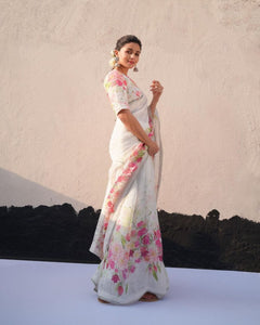 Alia inspiration: White floral silk saree