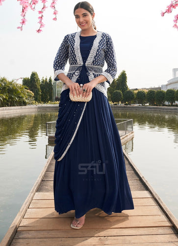 Navy blue with drape and koti - gown readymade