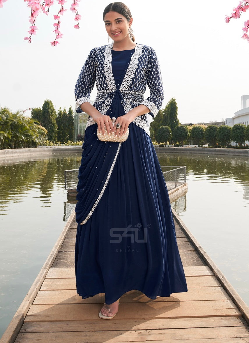 Navy blue with drape and koti - gown readymade