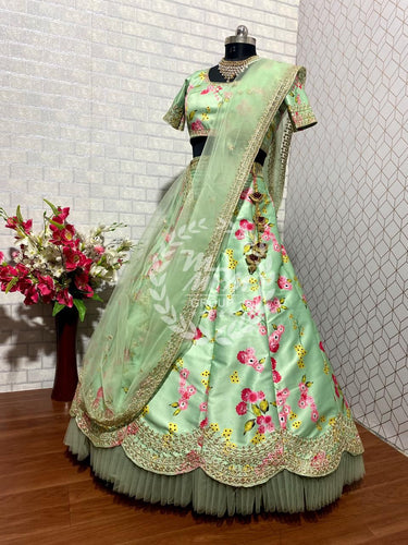 Mint green floral Malay satin Lehenga