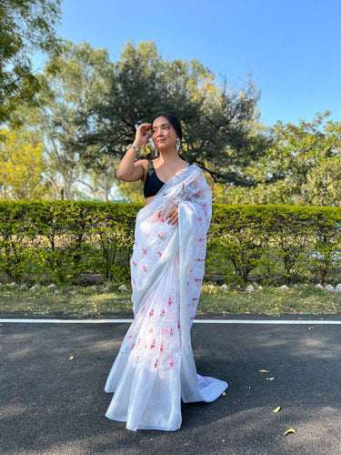 Organza silver border silk saree