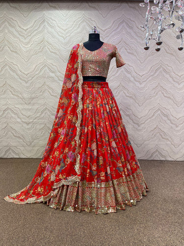 Red chilli - Floral and bird digital print Lehenga