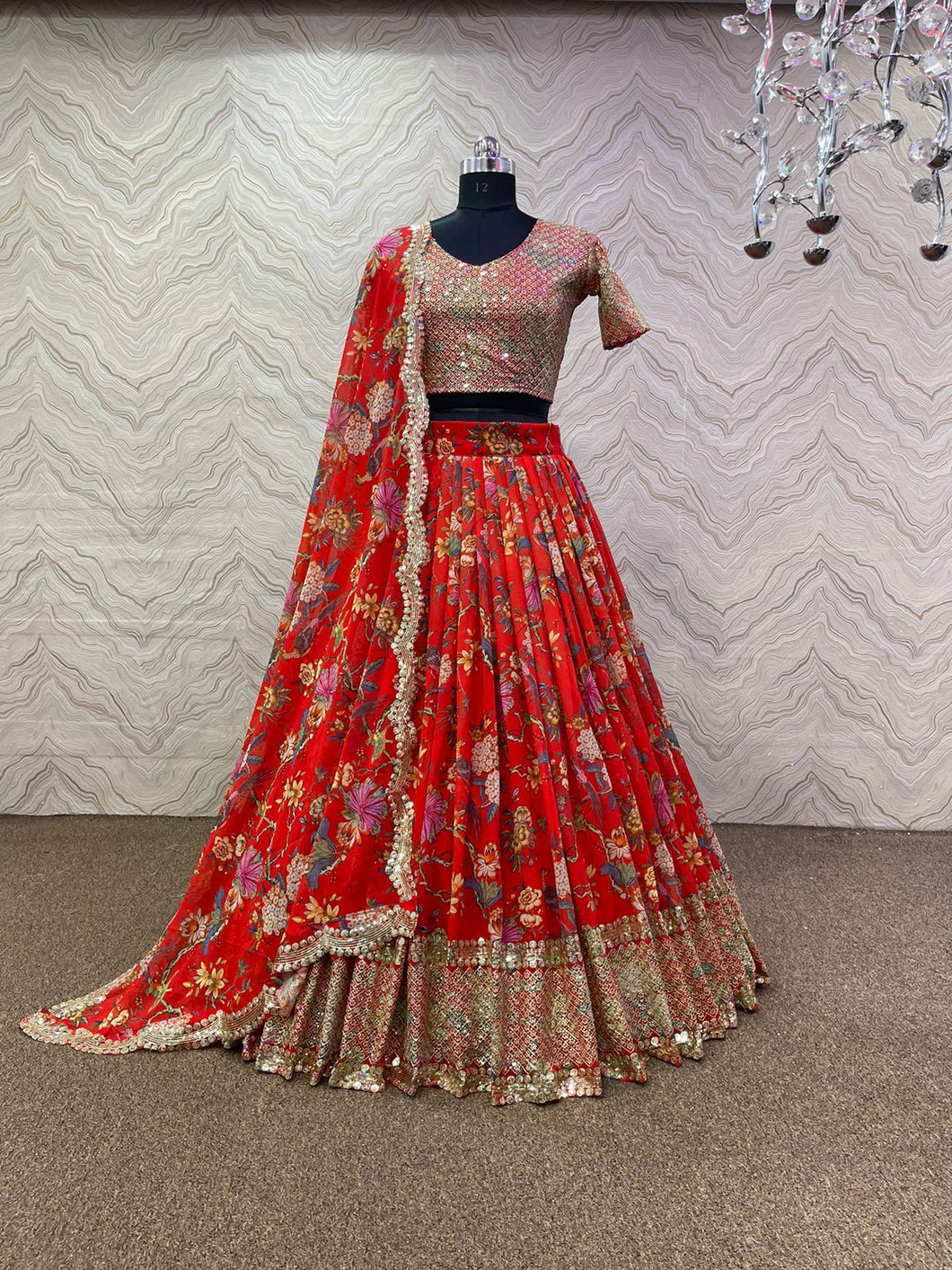 Red chilli - Floral and bird digital print Lehenga