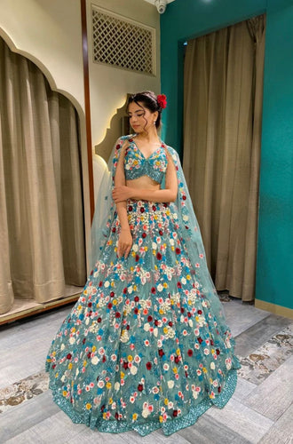 Blue floral chine sequinned Lehenga