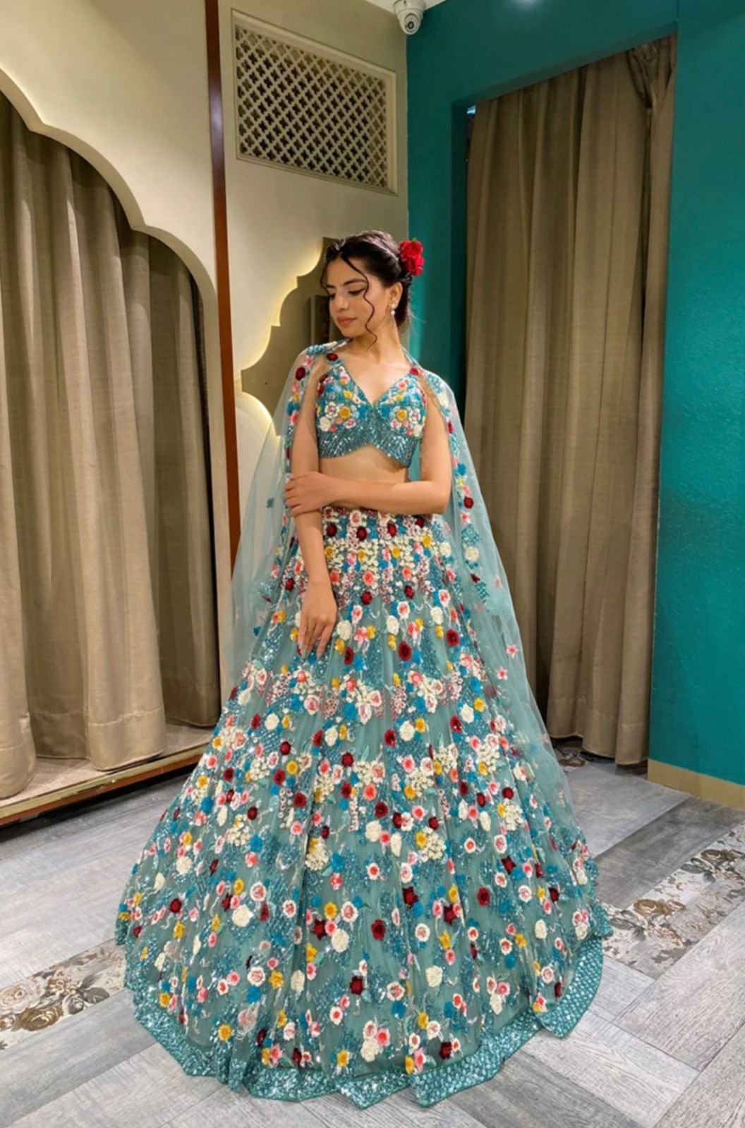 Blue floral chine sequinned Lehenga