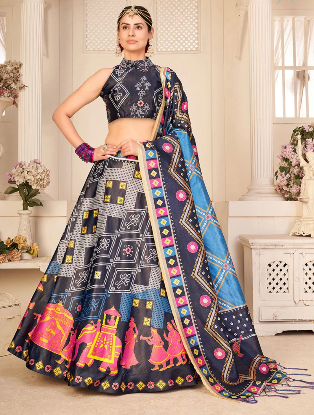 Multi colour rera silk printed lehengas