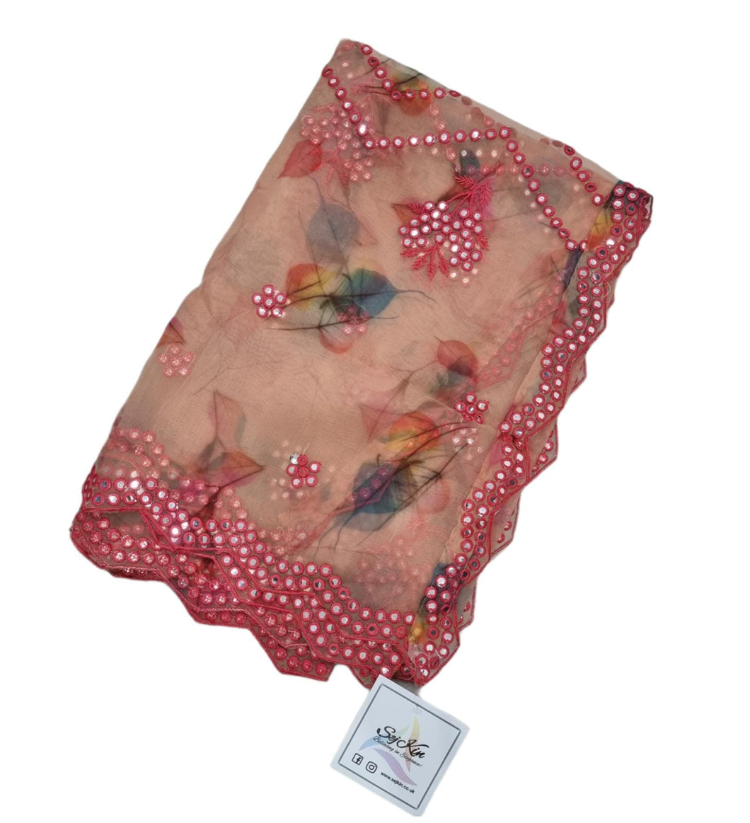 Peachy pink floral net dupatta