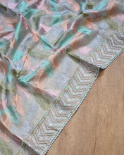 Colourful pastel feather saree with Lucknowi border