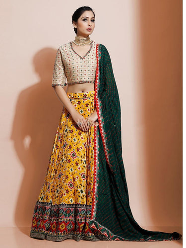 Printed silk Lehenga - yellow and off white