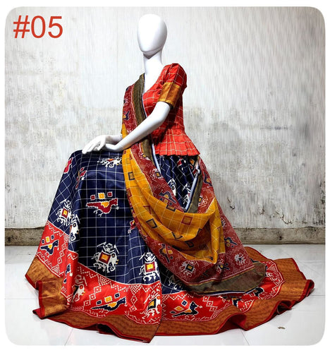 Printed silk Lehenga - peplum style red and blue