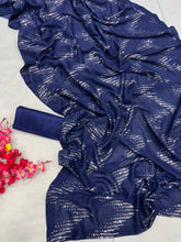 Partywear navy blue and silver zigzag sequins saree
