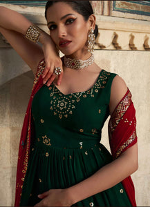 Saya - Trendy bottle green georgette sequins and thread work gown