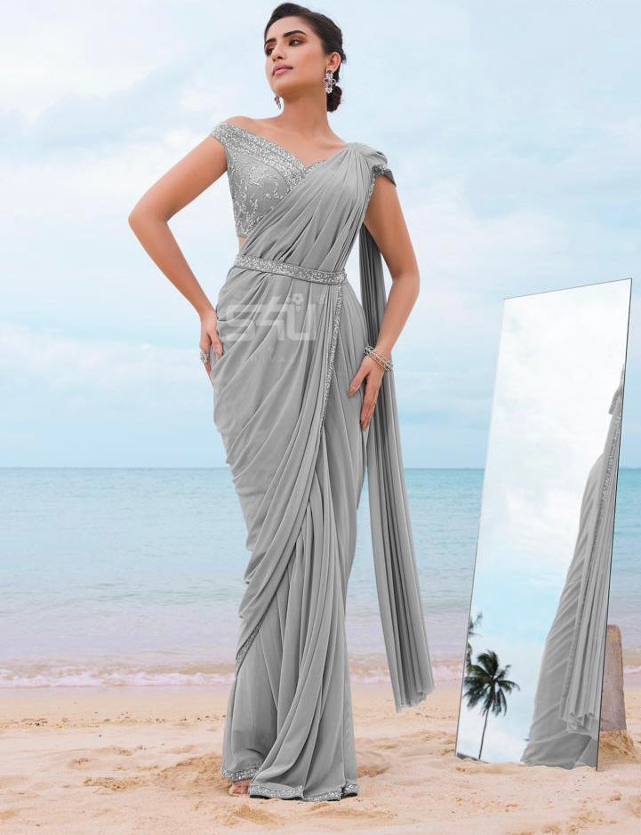 Dazzling drape collection - ready to wear silver saree