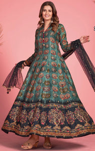 Peacock green Kalamkari print silk gown readymade