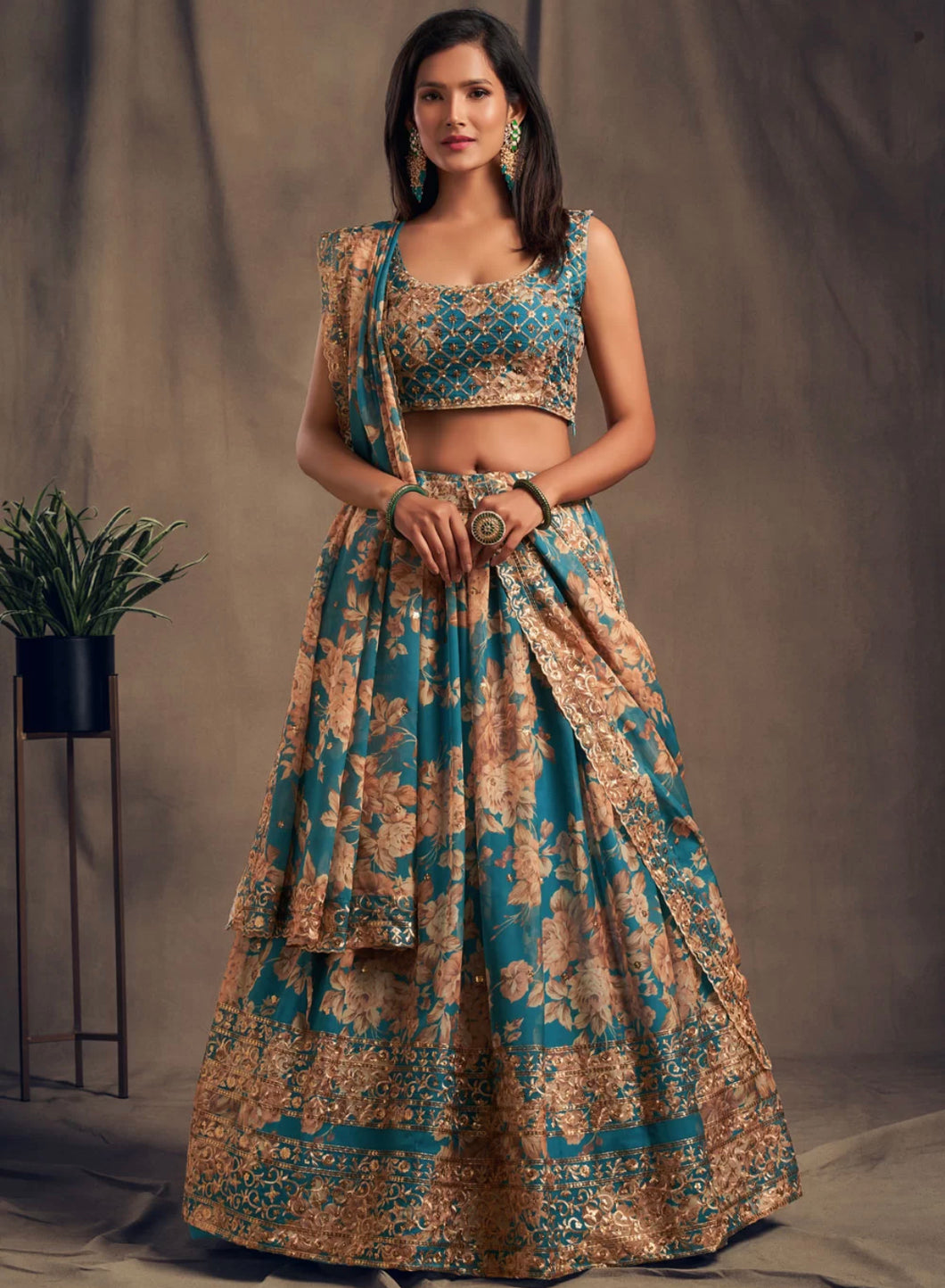 Teal floral Lehenga (UK 6-12)