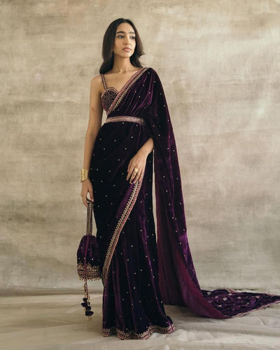 Wine velvet bead embroidered saree