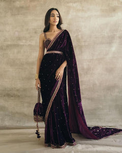 Wine velvet bead embroidered saree