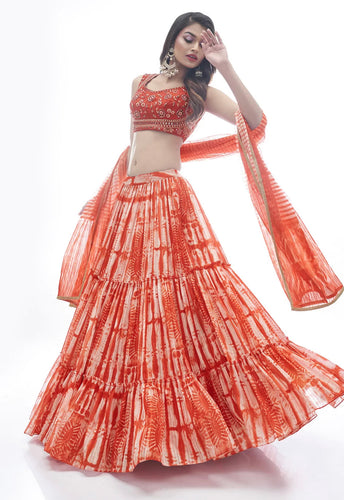 Red jacquard Lehenga