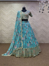 Sea blue - Floral and bird digital print Lehenga