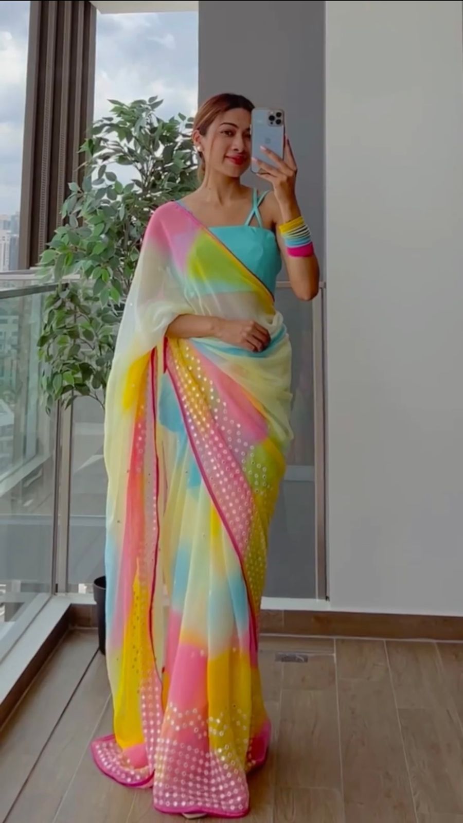 Multi coloured leheriya print saree
