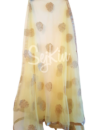 Lemon yellow, gold embellished net dupatta
