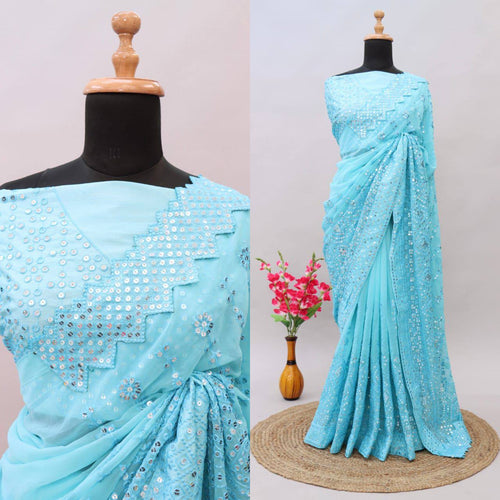 Silk chikankari work saree in arctic blue colour