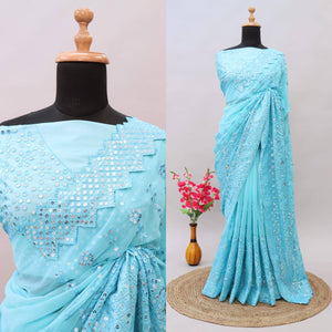 Silk chikankari work saree in arctic blue colour