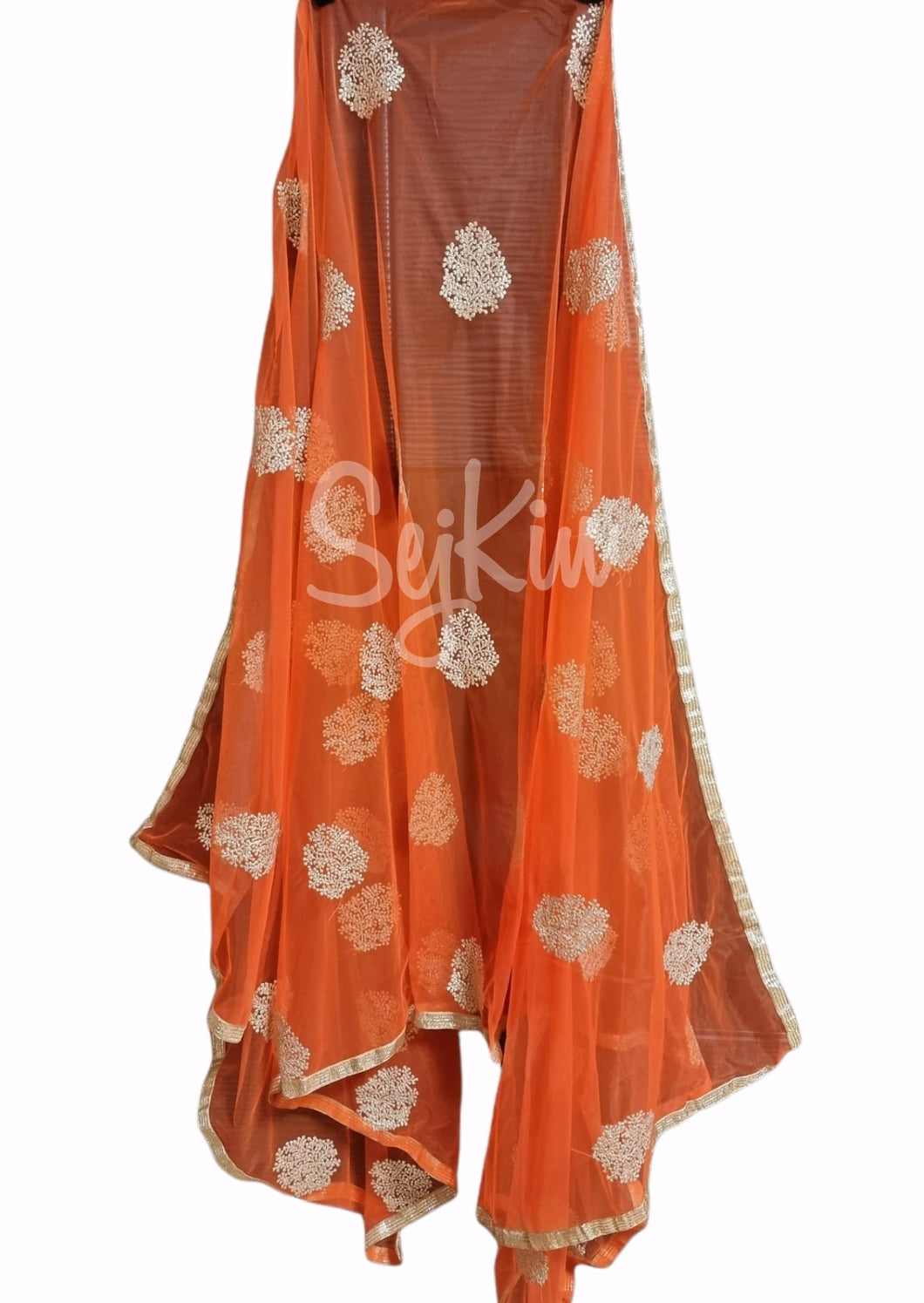 Orange net dupatta with jari work