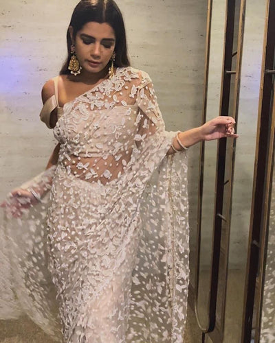 Celebrity inspired pearl and thread work saree