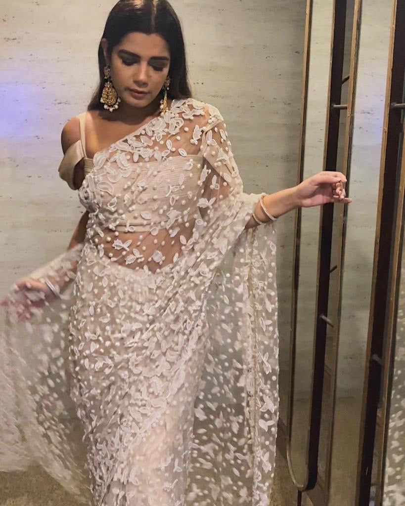Celebrity inspired pearl and thread work saree