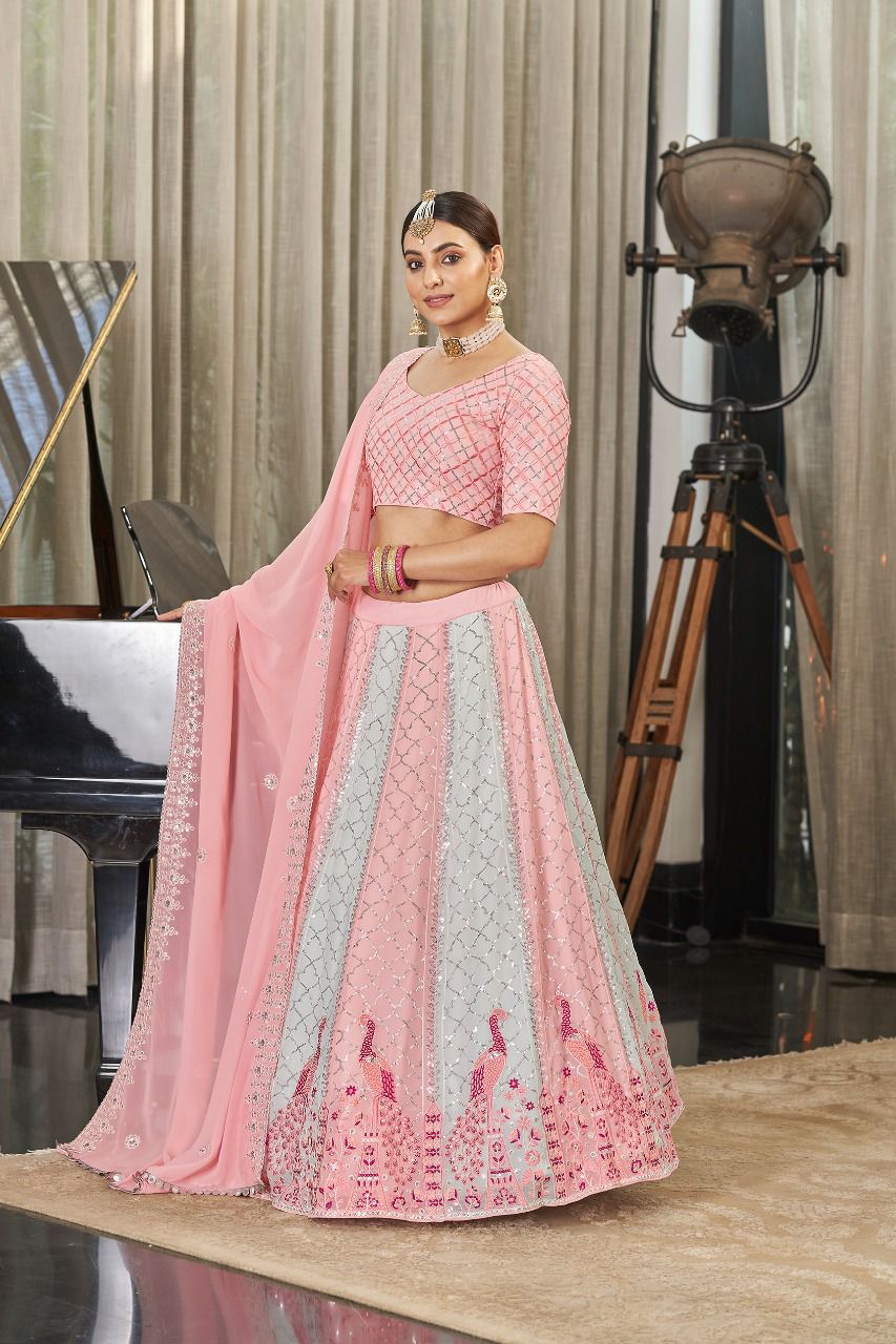 Peacock embroidered pastel Lehenga