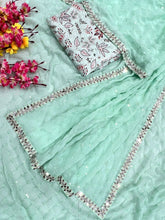 Aqua green mirror work saree