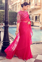 Ruby pink ruffle plain saree in organza