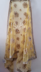 Yellow floral embellished mirror work net dupatta