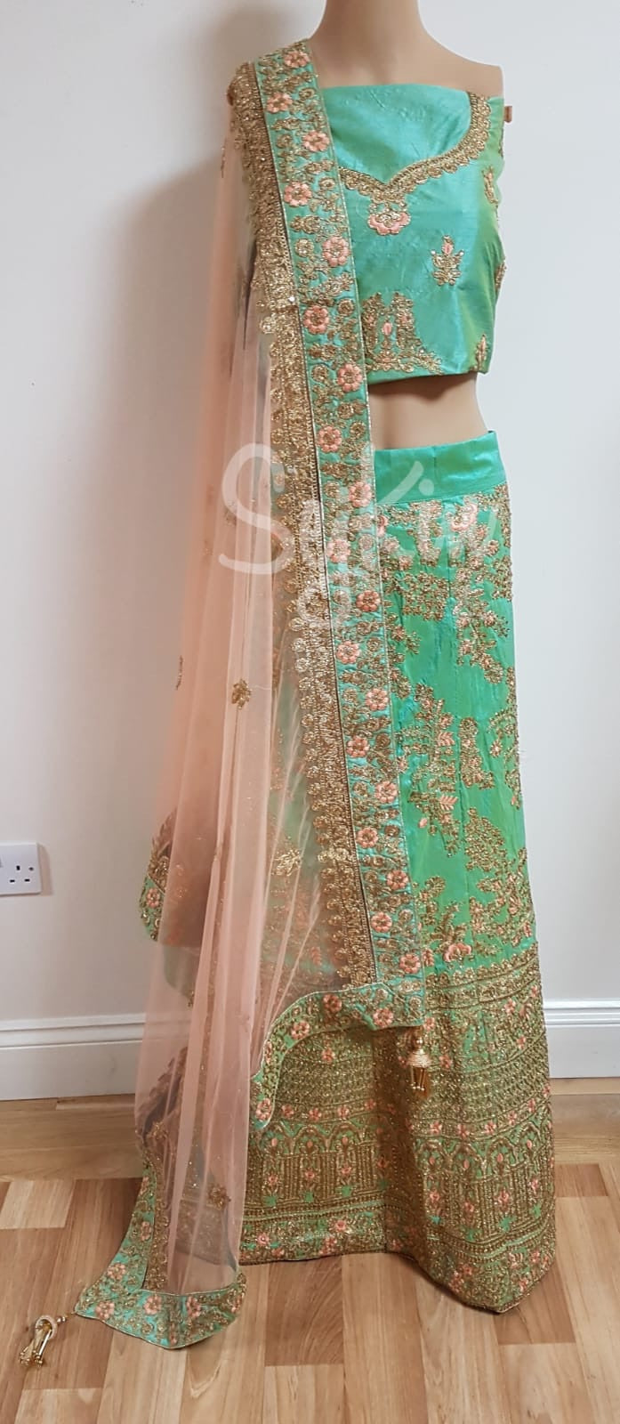 Light green and pink floral lehenga