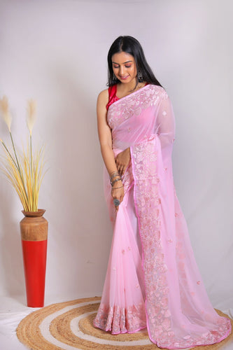 Baby pink embroidered saree