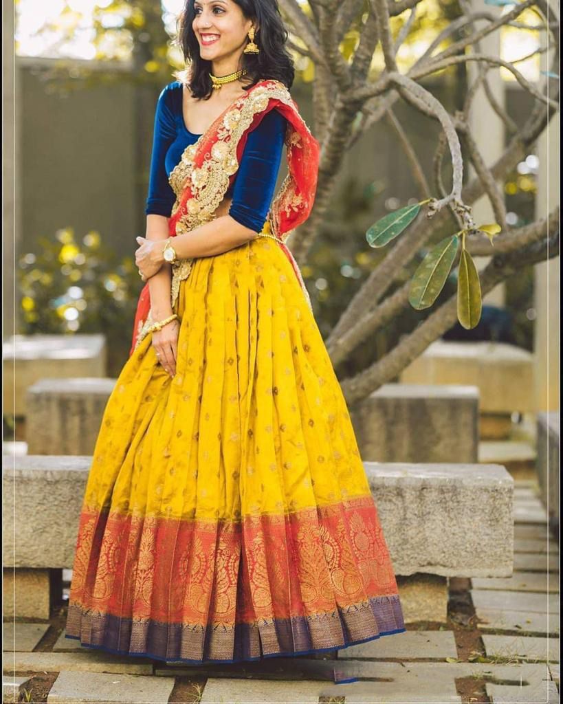 Kanjiveram silk zari orange and yellow Lehenga