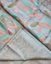Colourful pastel feather saree with Lucknowi border
