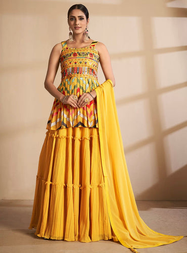 Georgette stitched thread and sequinned lehenga - mustard