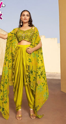 Yellow green floral dhoti style readymade
