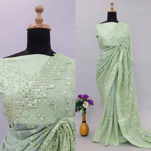 Silk chikankari work saree in mint green