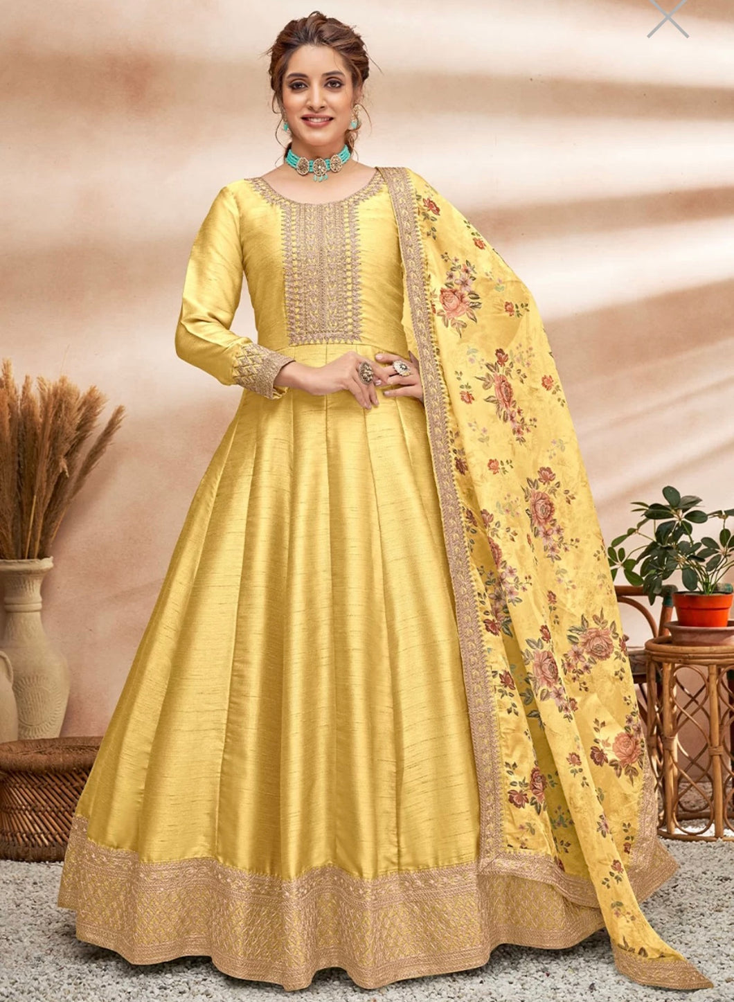 Art silk gown with floral dupatta- yellow